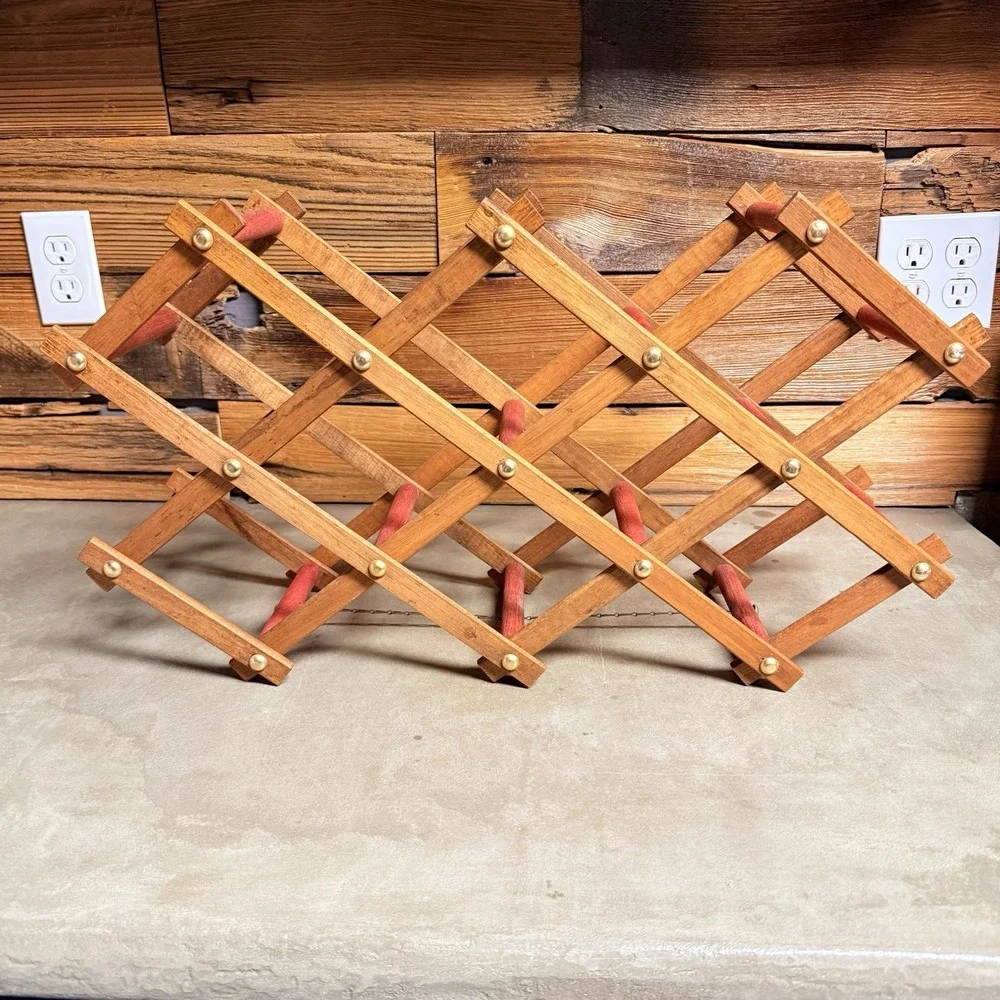 Vintage Wooden Expandable Wine Rack Folding Countertop Bottle Holder Mid Century